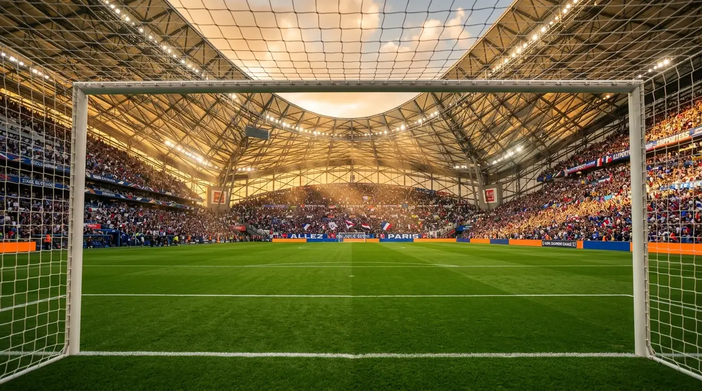 Estadio japonés de la J League al atardecer con gradas llenas durante una jornada de fútbol